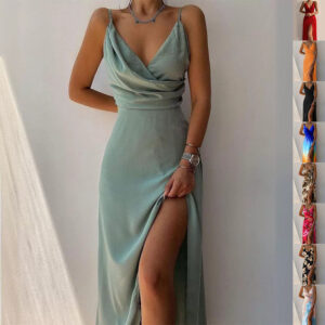 V-neck Slit Sling Dress Summer Fashion Sexy Slim Suspender Dresses For Women Clothing - Image 1