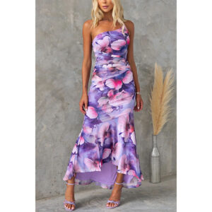 Flowers Print One-shoulder Dress Summer INS Casual Suspender Long Dresses Womens Clothing - Image 6