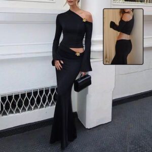 Sexy Slim Oblique Shoulder Skirt Suit With Flower Fashion Bell Sleeve Long Sleeve Top And High Waist Long Skirt Women Clothing - Image 1