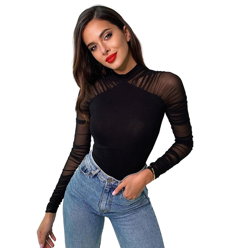 Women's Round Neck Stitching Long-sleeved Slim Solid Color Bodysuit - Image 4
