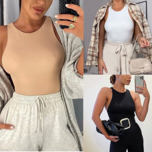 Solid Color Round Neck Sleeveless Bodysuit Women's Clothing - Image 4