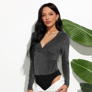 Stitching V-neck Long-sleeved Bottoming Bodysuit - Image 2