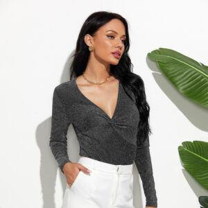 Stitching V-neck Long-sleeved Bottoming Bodysuit - Image 3