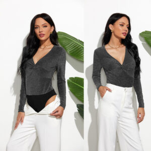 Stitching V-neck Long-sleeved Bottoming Bodysuit - Image 1