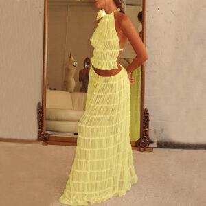 2pcs Women's Dress Suit Sexy Sleeveless Backless Cropped Halter Top And Pleated Long Skirt Beach Clothing - Image 8