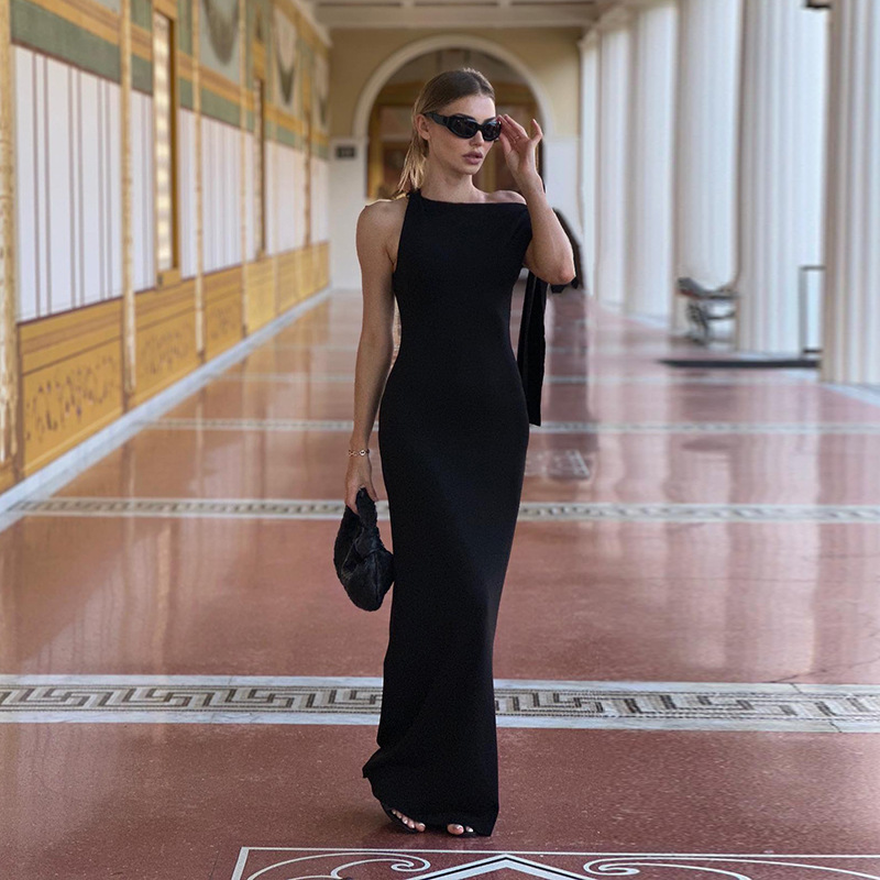One-shoulder Ribbon Long Dress Ins Fashion Slim Sleeveless Dresses For Evening Party Club Clothing Women - Image 5