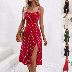New Polka Dot Print Suspender Dress Summer Sexy Split Long Dresses For Womens Clothing - Image 1