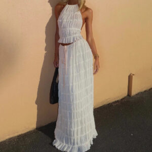 2pcs Women's Dress Suit Sexy Sleeveless Backless Cropped Halter Top And Pleated Long Skirt Beach Clothing - Image 7