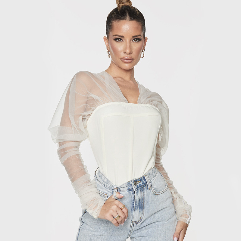 V-Neck Fashion Mesh Panel Puff Sleeve Slim Bodysuit - Image 5