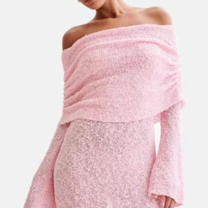 Women's Spring Summer Knitted Dress Elegant Party Boat Neck Dress Infant Off Shoulder Bodycon Long Sleeve Fuzzy Short Club Chic Mini Dress - Image 3