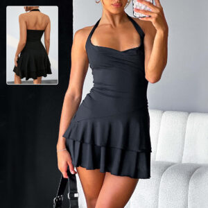 Slim Halter-neck Dress Ins Fashion Sleeveless Backless Ruffled Short Dresses Summer Clothing For Women - Image 1