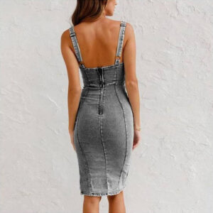 New U-neck Suspender Denim Dress Summer Casual Tight Slim Fit Dresses With Slit Design Womens Clothing - Image 3