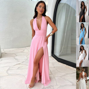 Sexy Halterneck V-neck Slit Dress Summer Backless Strappy Skirt Fashion Temperament Clothing Women - Image 1