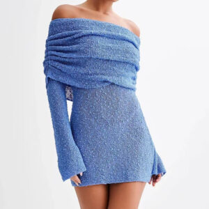 Women's Spring Summer Knitted Dress Elegant Party Boat Neck Dress Infant Off Shoulder Bodycon Long Sleeve Fuzzy Short Club Chic Mini Dress - Image 2