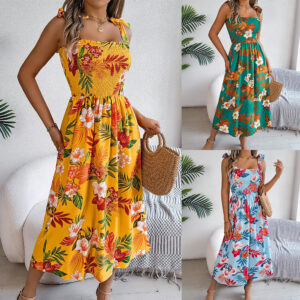 Flowers Print Suspender Corset Dress Ins Fashion Holiday Beach Long Dresses Summer Clothing For Women - Image 1
