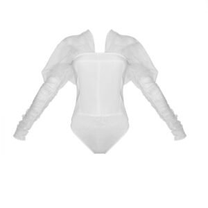 V-Neck Fashion Mesh Panel Puff Sleeve Slim Bodysuit - Image 2