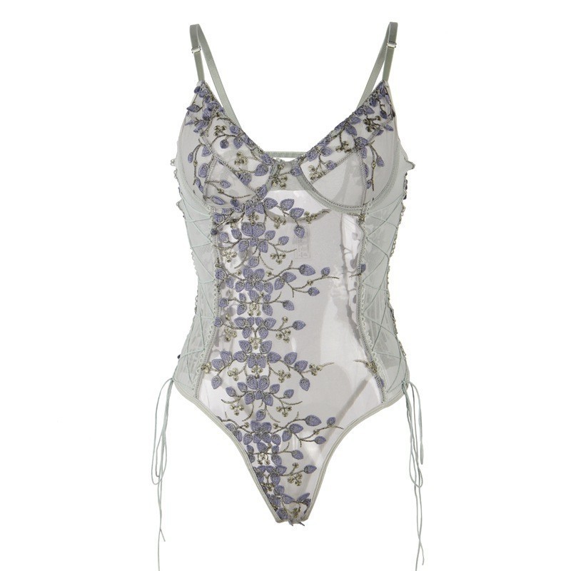 Women's Mesh See-through Embroidery Strappy Bodysuit - Image 6