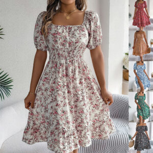 Floral Print Square Collar Dress Summer Fashion Ruffles Dresses Women's Clothing - Image 1