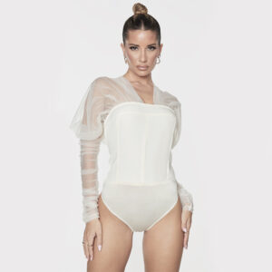 V-Neck Fashion Mesh Panel Puff Sleeve Slim Bodysuit - Image 3