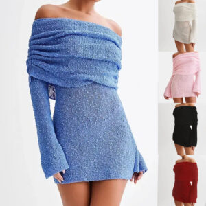 Women's Spring Summer Knitted Dress Elegant Party Boat Neck Dress Infant Off Shoulder Bodycon Long Sleeve Fuzzy Short Club Chic Mini Dress - Image 1