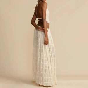 2pcs Women's Dress Suit Sexy Sleeveless Backless Cropped Halter Top And Pleated Long Skirt Beach Clothing - Image 3