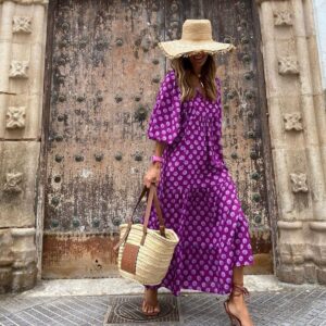 Summer Women's Vintage Printed Bohemian Dress Elegant Ladies Casual Loose V-Neck Short Sleeve Long Dresses - Image 7