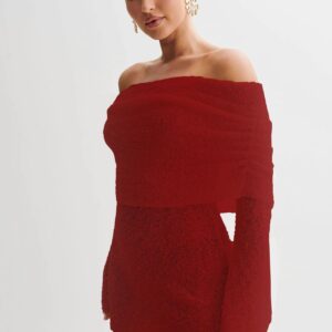Women's Spring Summer Knitted Dress Elegant Party Boat Neck Dress Infant Off Shoulder Bodycon Long Sleeve Fuzzy Short Club Chic Mini Dress - Image 8