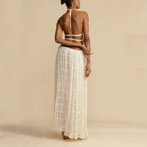 2pcs Women's Dress Suit Sexy Sleeveless Backless Cropped Halter Top And Pleated Long Skirt Beach Clothing - Image 4