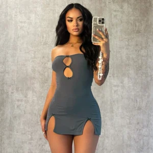 CUTENOVA Y2K Sexy Mini Dress Women Summer Hottie Hollow Out Strapless Solid Color Pullover Dresses Streetwear 2024 Women Clothes - Image 1