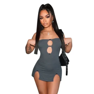 CUTENOVA Y2K Sexy Mini Dress Women Summer Hottie Hollow Out Strapless Solid Color Pullover Dresses Streetwear 2024 Women Clothes - Image 4