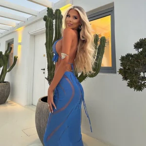 CUTENOVA 2024 Summer Women'S Sexy Hollow Mesh Beah Backless Tops Drawstring Long Skirts Elegant Sexy Party Dresses Club Outfits