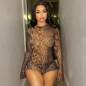 CUTENOVA Spring/Summer Round Neck Micro Flare Long Sleeve Pullover Leopard Print Mesh Hollow Out Large Backless Button Playsuits