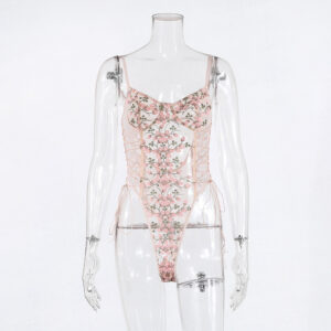 Women's Mesh See-through Embroidery Strappy Bodysuit - Image 2