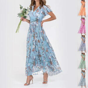 Flowers Print Short Sleeve Dress Summer Fashion Ruffle Beach Dresses Women's Clothing - Image 1
