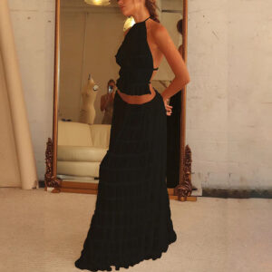 2pcs Women's Dress Suit Sexy Sleeveless Backless Cropped Halter Top And Pleated Long Skirt Beach Clothing - Image 9