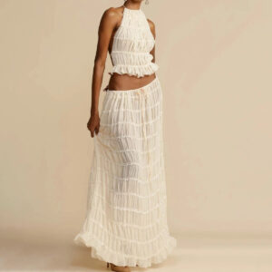 2pcs Women's Dress Suit Sexy Sleeveless Backless Cropped Halter Top And Pleated Long Skirt Beach Clothing - Image 2