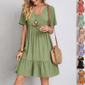 V-neck Short Sleeve Dress Summer Fashion Casual Loose Ruffled Dresses Beach Clothing Women - Image 1