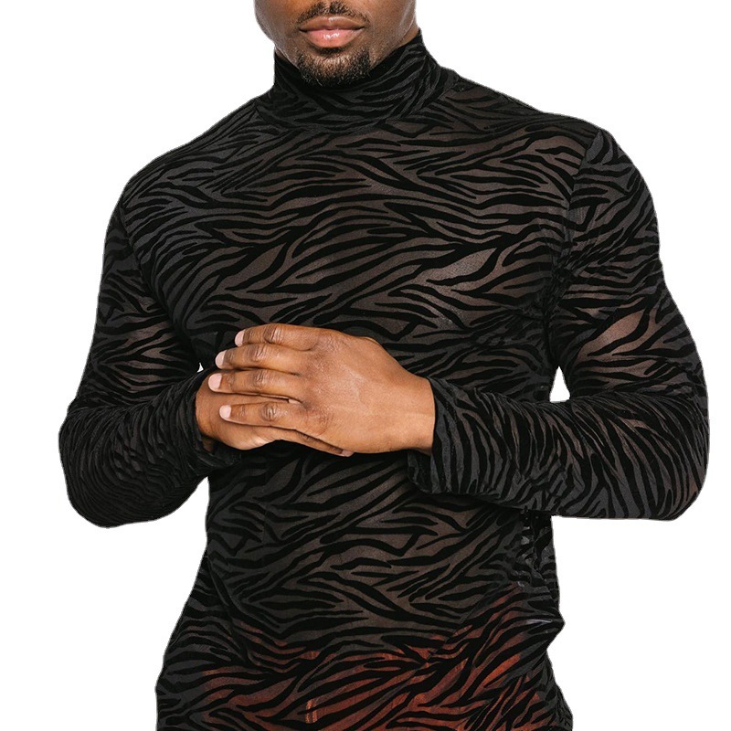 High Neck Long Sleeve Lace Bodysuit T-Shirt Male - Image 4