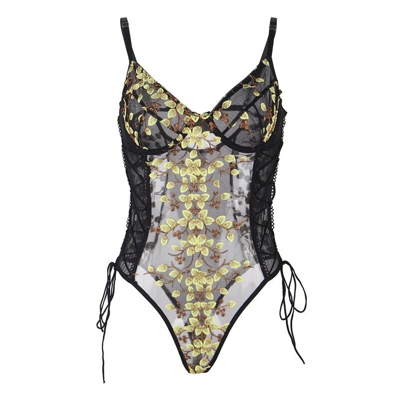 Women's Mesh See-through Embroidery Strappy Bodysuit - Image 7
