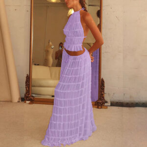 2pcs Women's Dress Suit Sexy Sleeveless Backless Cropped Halter Top And Pleated Long Skirt Beach Clothing - Image 10