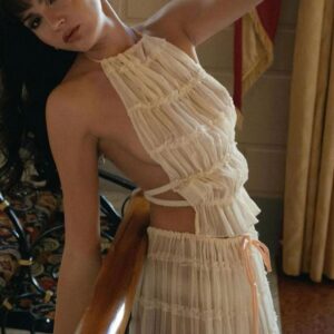 2pcs Women's Dress Suit Sexy Sleeveless Backless Cropped Halter Top And Pleated Long Skirt Beach Clothing - Image 6
