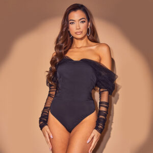 V-Neck Fashion Mesh Panel Puff Sleeve Slim Bodysuit - Image 1