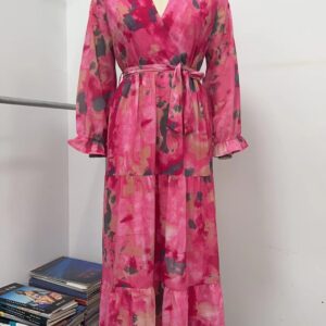 Long-sleeved Floral Print Dress Elegant V-neck Pleated High-waisted Big Swing Chiffon Maxi Dresses For Women Clothing - Image 5