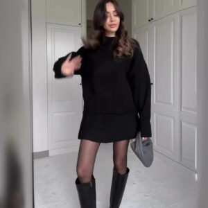 Sweater Skirt Sets For Women 2 Pieces Knit Casual Versatile Long Sleeve Pullover Elegant Solid High Waist Mini Skirt Outfit - Image 7