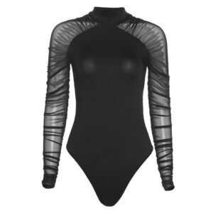 Women's Round Neck Stitching Long-sleeved Slim Solid Color Bodysuit - Image 2
