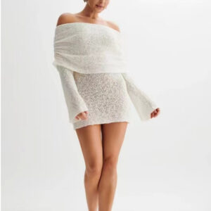 Women's Spring Summer Knitted Dress Elegant Party Boat Neck Dress Infant Off Shoulder Bodycon Long Sleeve Fuzzy Short Club Chic Mini Dress - Image 4