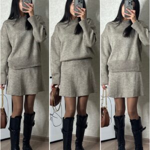 Sweater Skirt Sets For Women 2 Pieces Knit Casual Versatile Long Sleeve Pullover Elegant Solid High Waist Mini Skirt Outfit - Image 10