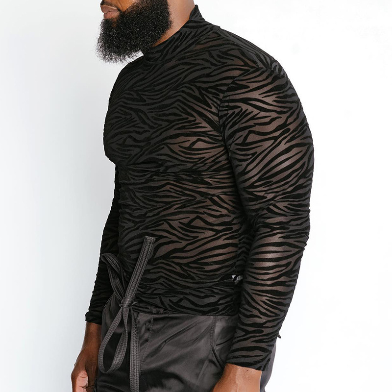 High Neck Long Sleeve Lace Bodysuit T-Shirt Male - Image 3