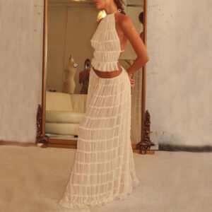2pcs Women's Dress Suit Sexy Sleeveless Backless Cropped Halter Top And Pleated Long Skirt Beach Clothing - Image 5