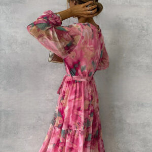 Long-sleeved Floral Print Dress Elegant V-neck Pleated High-waisted Big Swing Chiffon Maxi Dresses For Women Clothing - Image 3